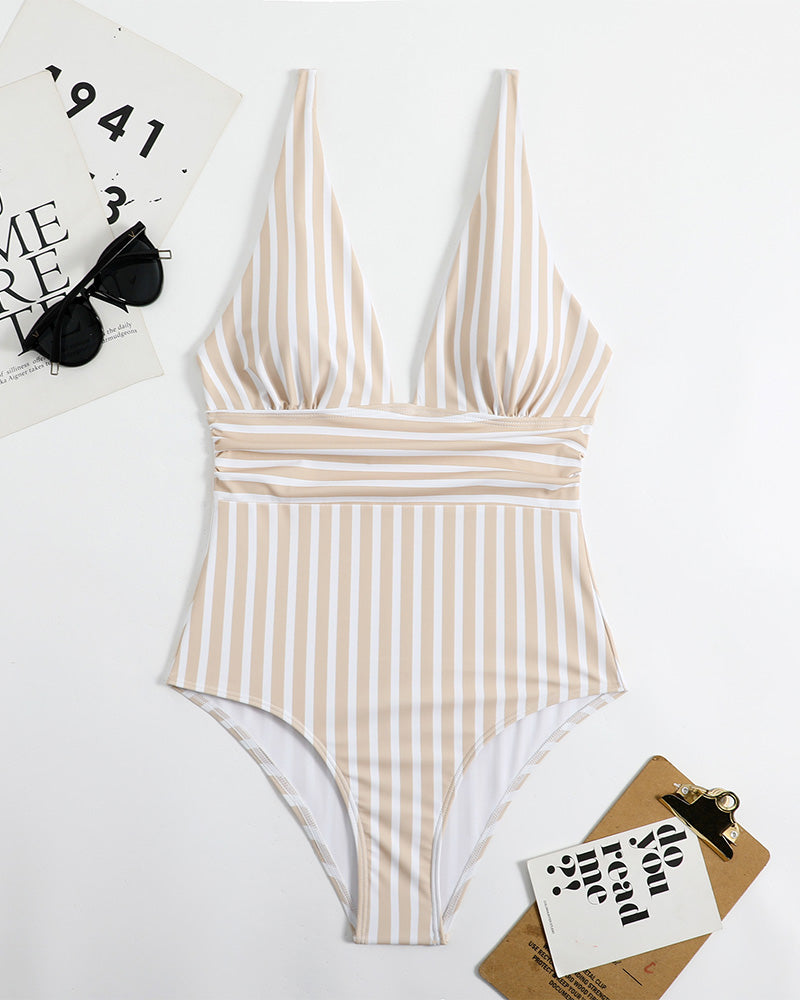 LilyLove® Striped Plunging Neck Bust Shaper One Piece Swimsuit