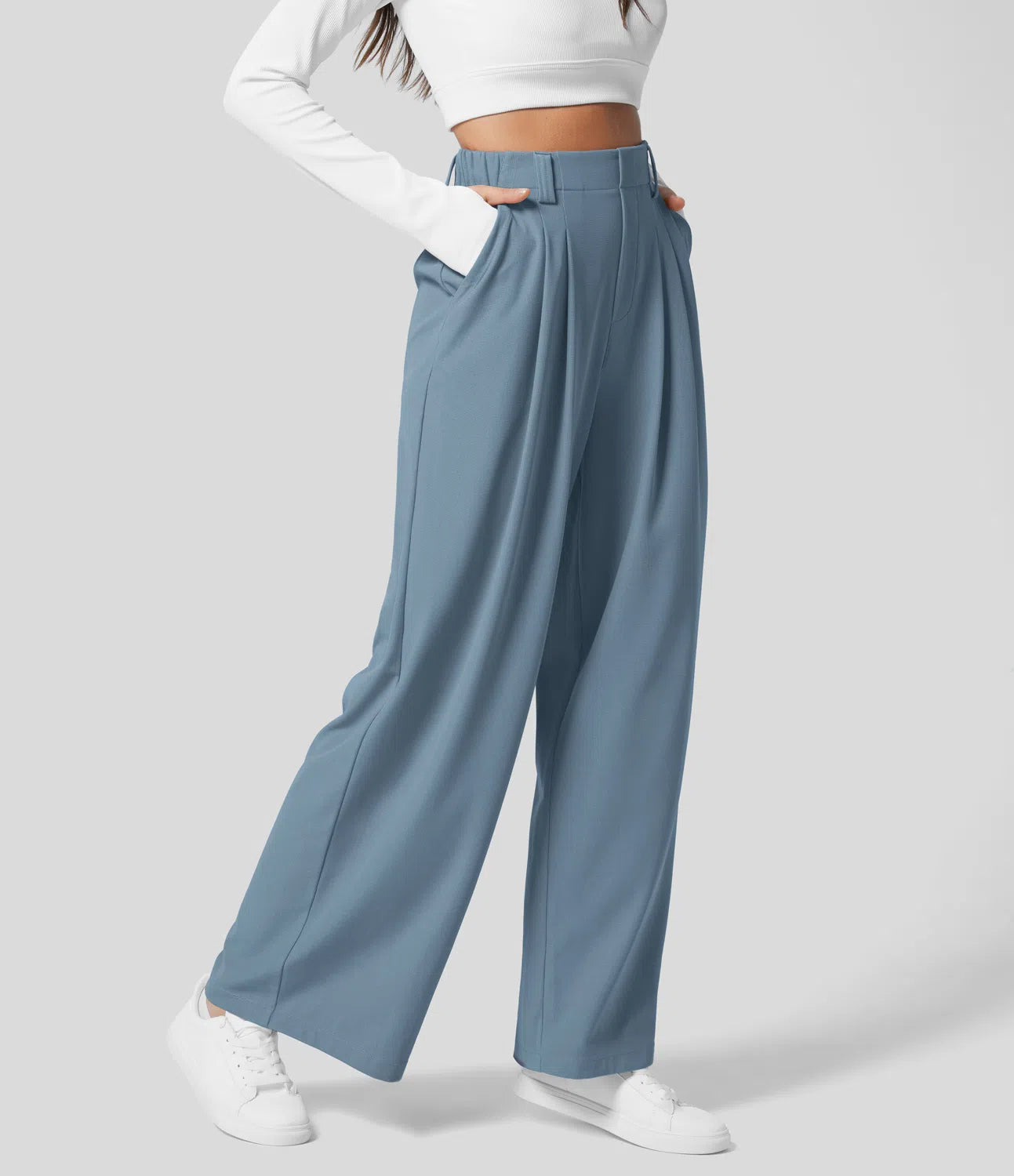 LilyLove® High Waisted Plicated Wide Leg Waffle Work Pants