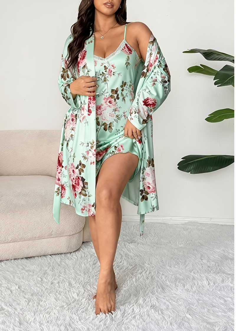 Comfy Floral Print 2-Piece Pajama Set – Robe & Dress