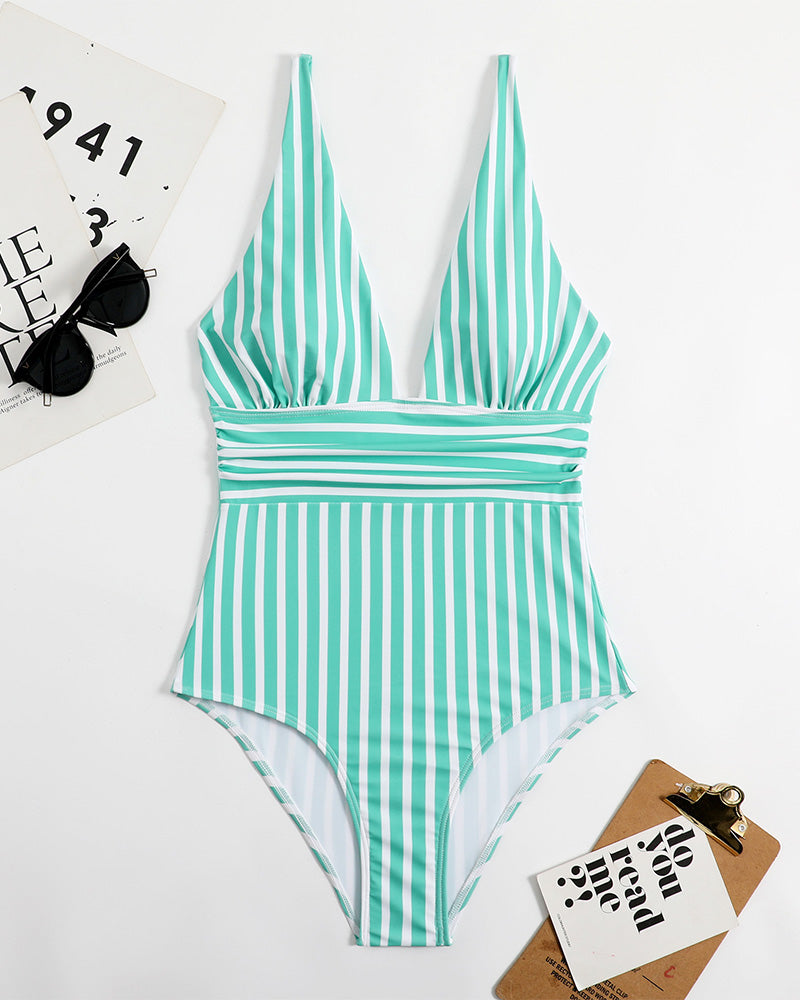 LilyLove® Striped Plunging Neck Bust Shaper One Piece Swimsuit