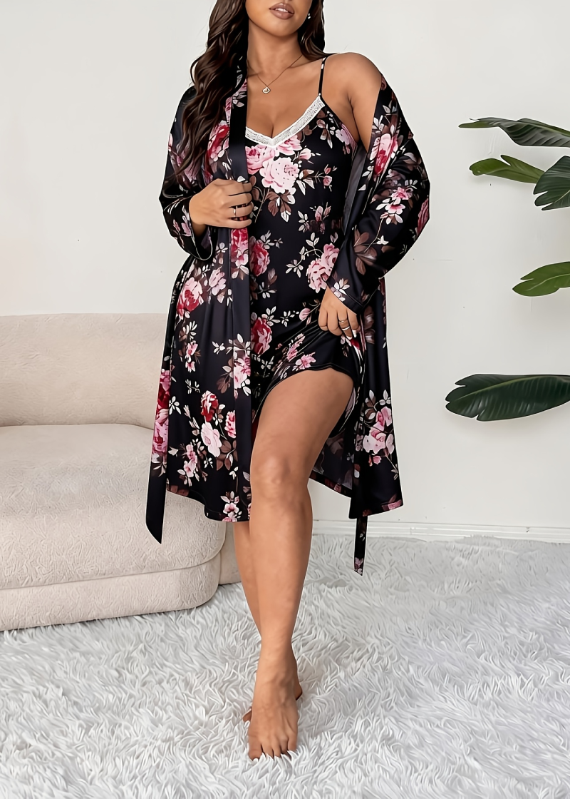 Comfy Floral Print 2-Piece Pajama Set – Robe & Dress