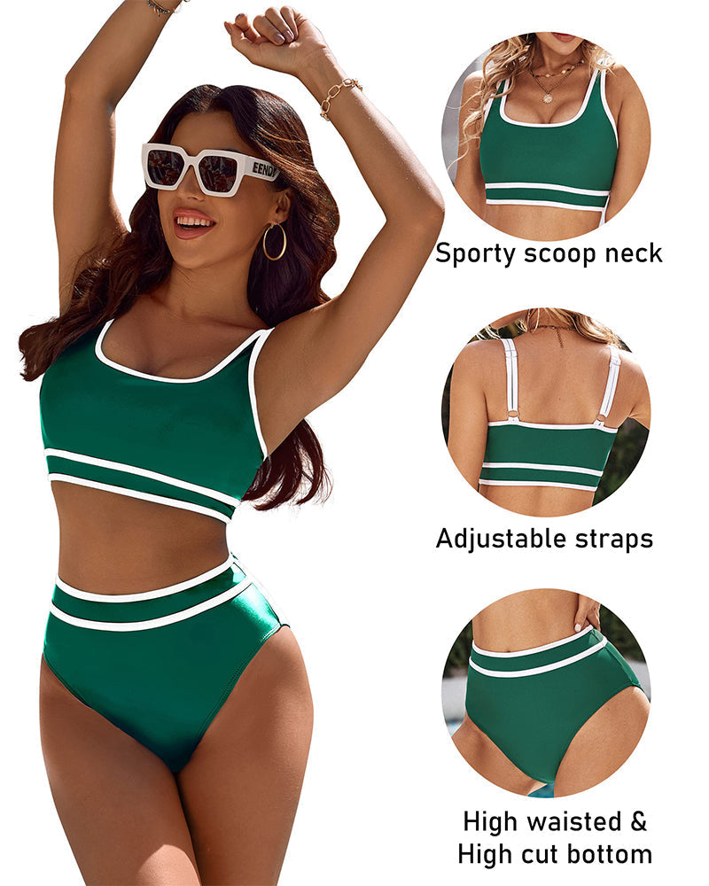 LilyLove® High Waisted Color Block Cheeky High Cut Bathing Bikini Sporty Two Piece Swimsuits