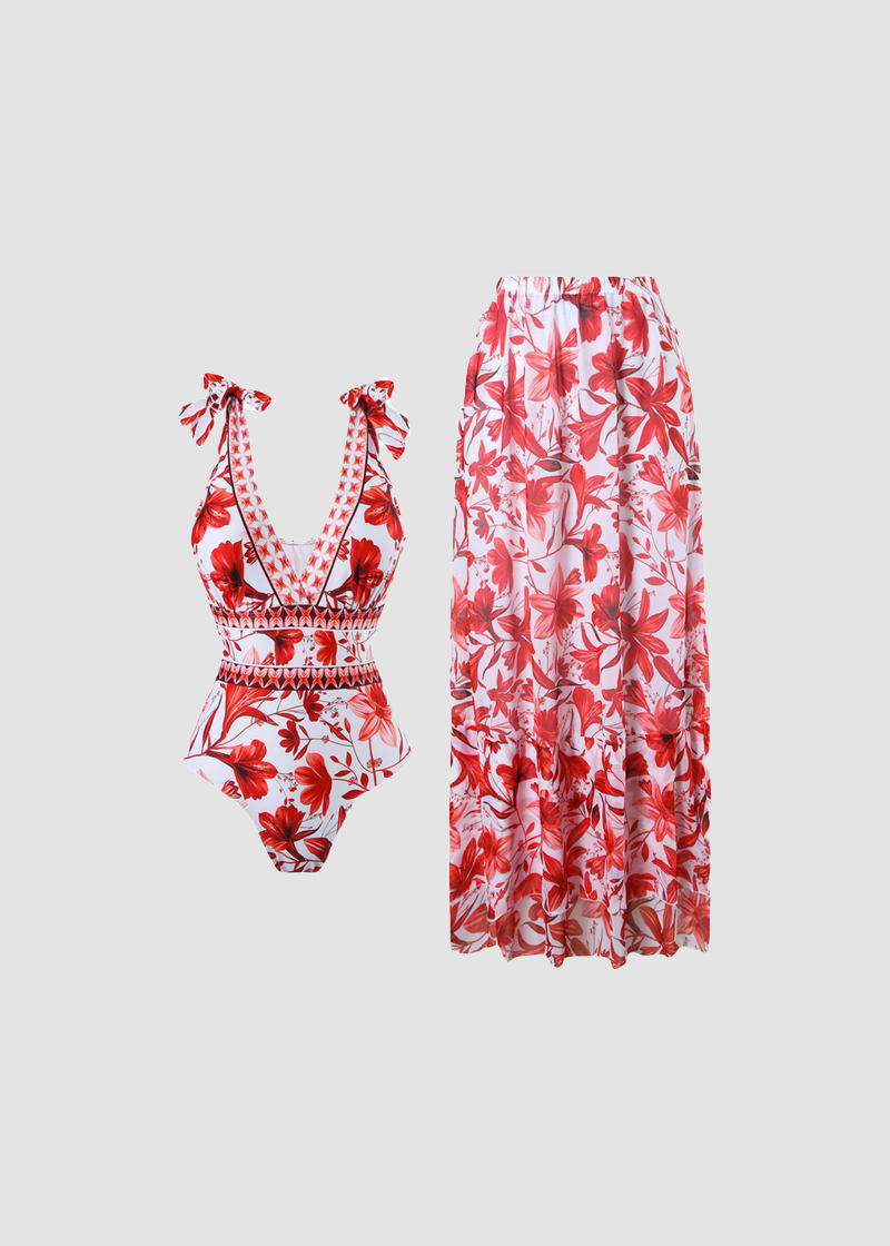 V Neck Lace Up Printed One Piece Swimsuit and Skirt