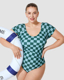 LilyLove® Green Check Modest Elastic One Piece Swimsuit