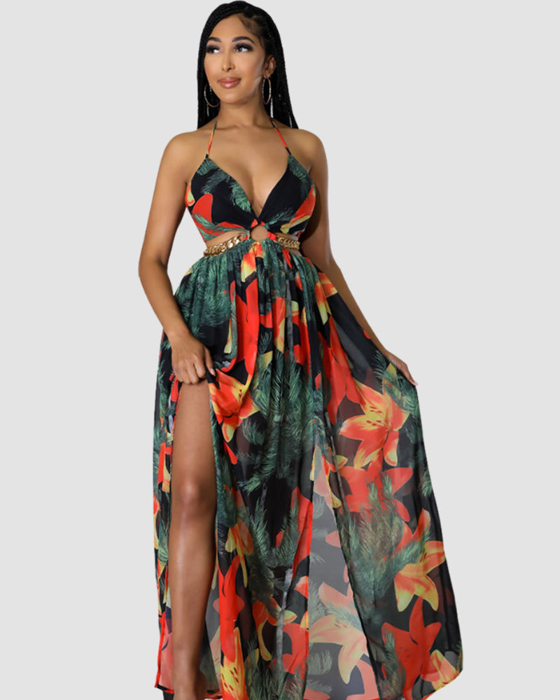 LilyLove® Summer Maxi Dress Floral Print Split Thigh Plus Size Dress