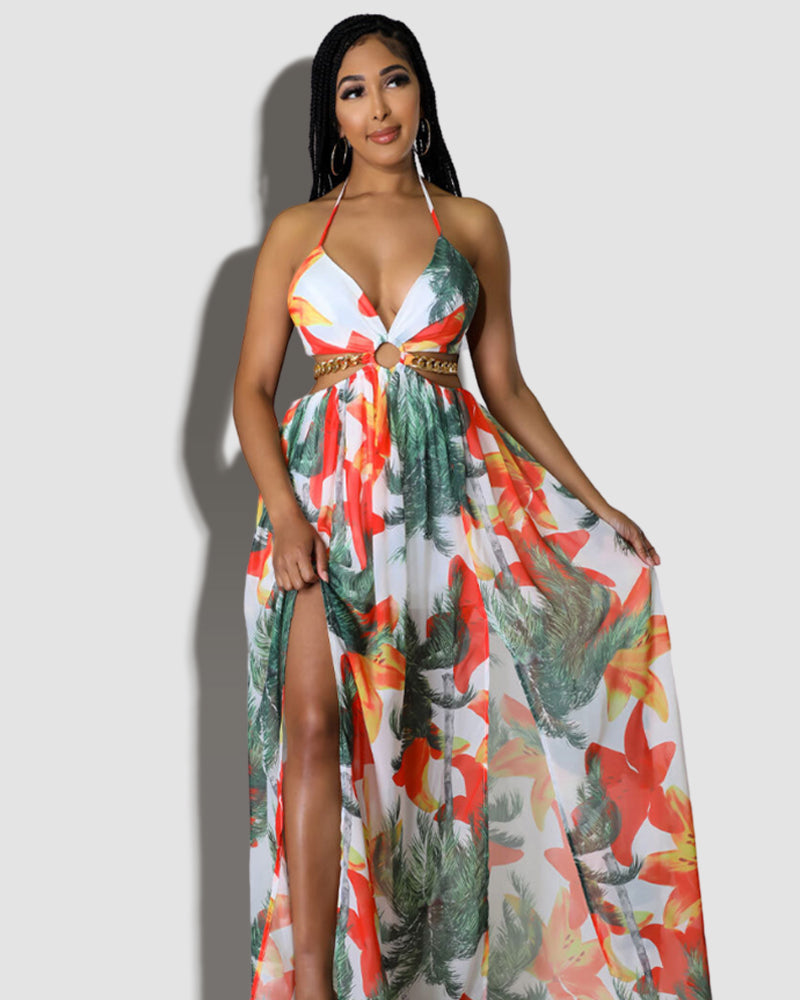 LilyLove® Summer Maxi Dress Floral Print Split Thigh Plus Size Dress