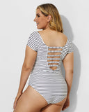 LilyLove® Black & White Stripes Modest Elastic One Piece Swimsuit