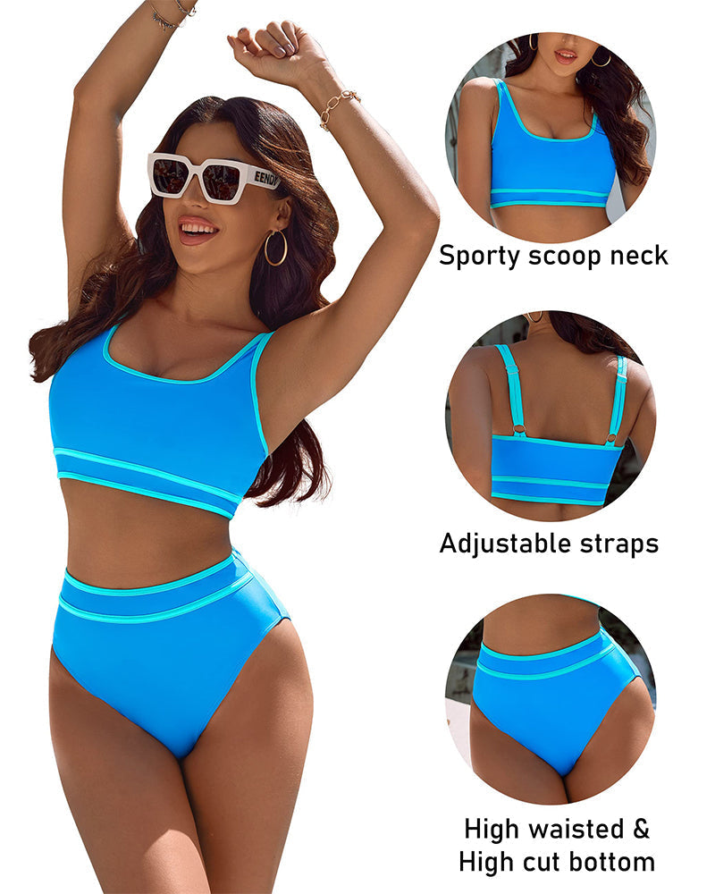 LilyLove® High Waisted Color Block Cheeky High Cut Bathing Bikini Sporty Two Piece Swimsuits