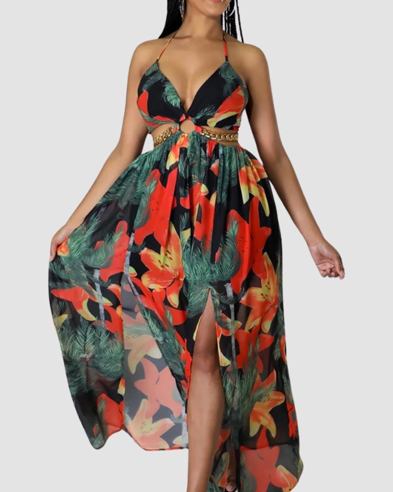 LilyLove® Summer Maxi Dress Floral Print Split Thigh Plus Size Dress