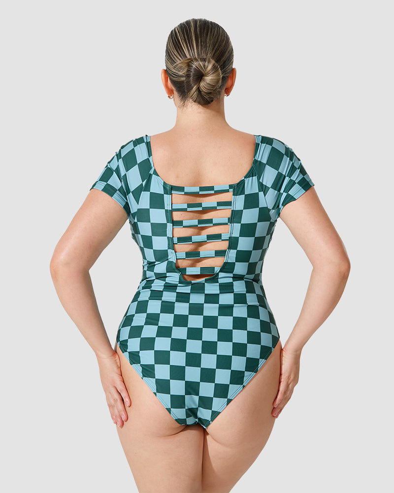 LilyLove® Green Check Modest Elastic One Piece Swimsuit