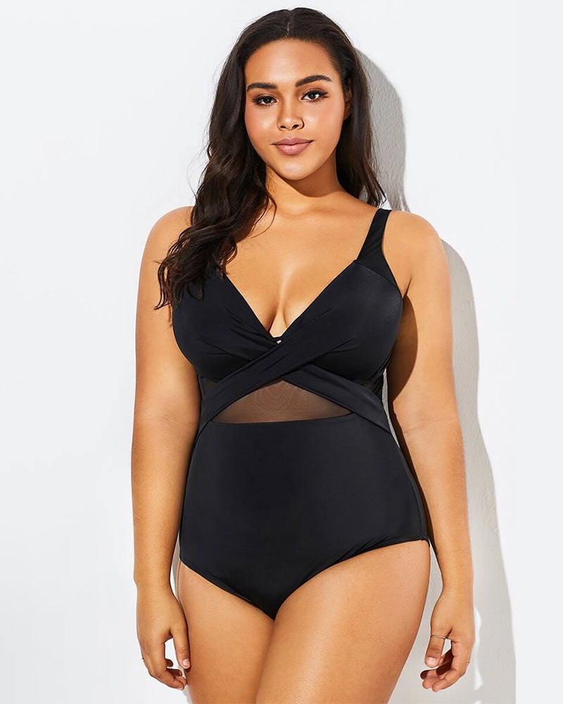 LilyLove® Black Cut Out Mesh Underwire One Piece Swimsuit