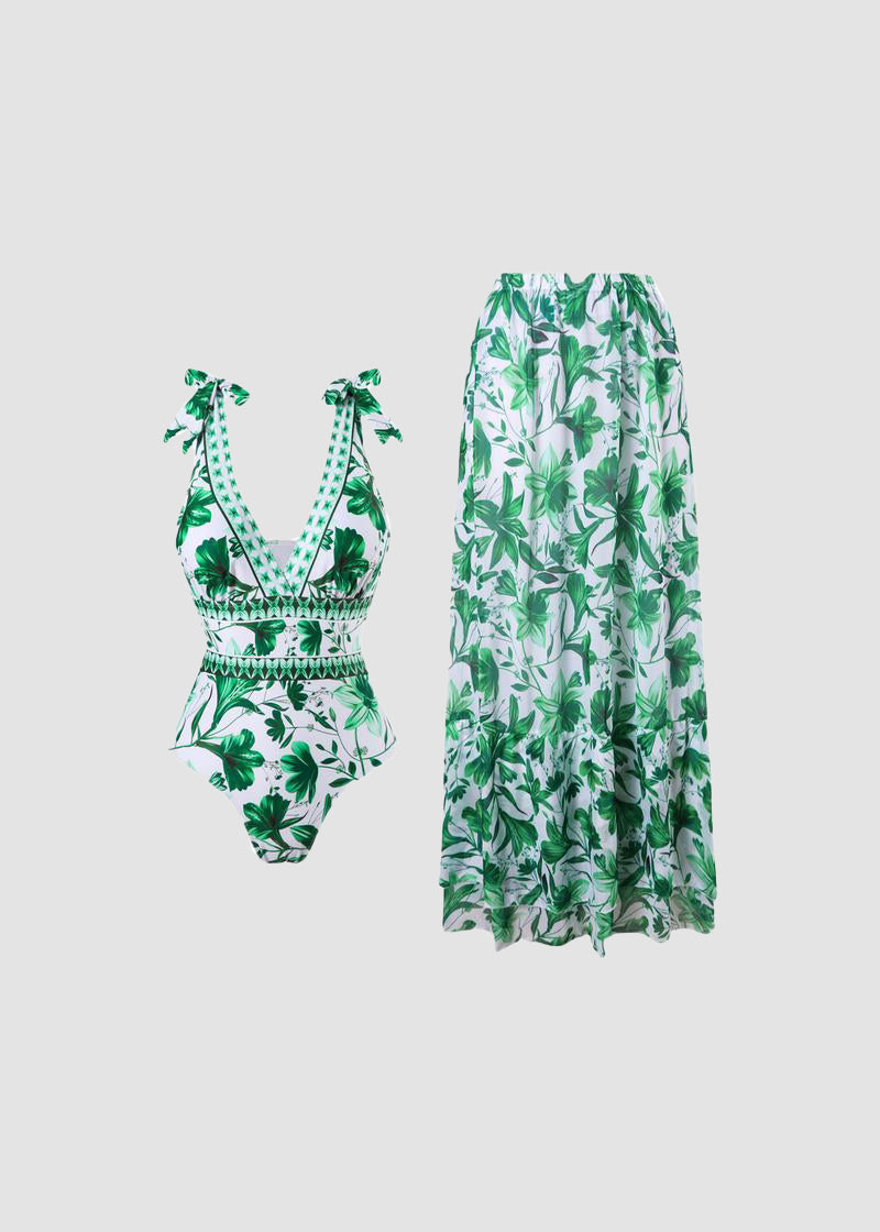 V Neck Lace Up Printed One Piece Swimsuit and Skirt