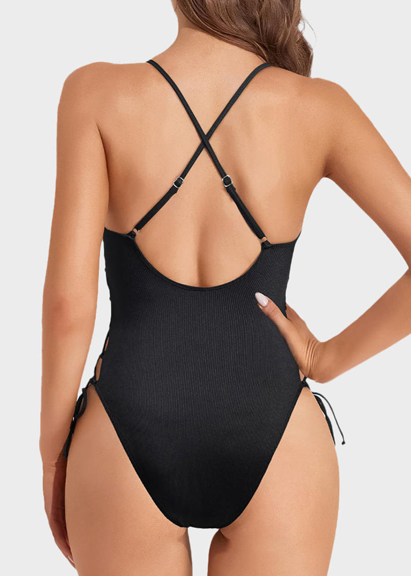 Deep Plunge V Neck High Cut Lace Up Swimsuit