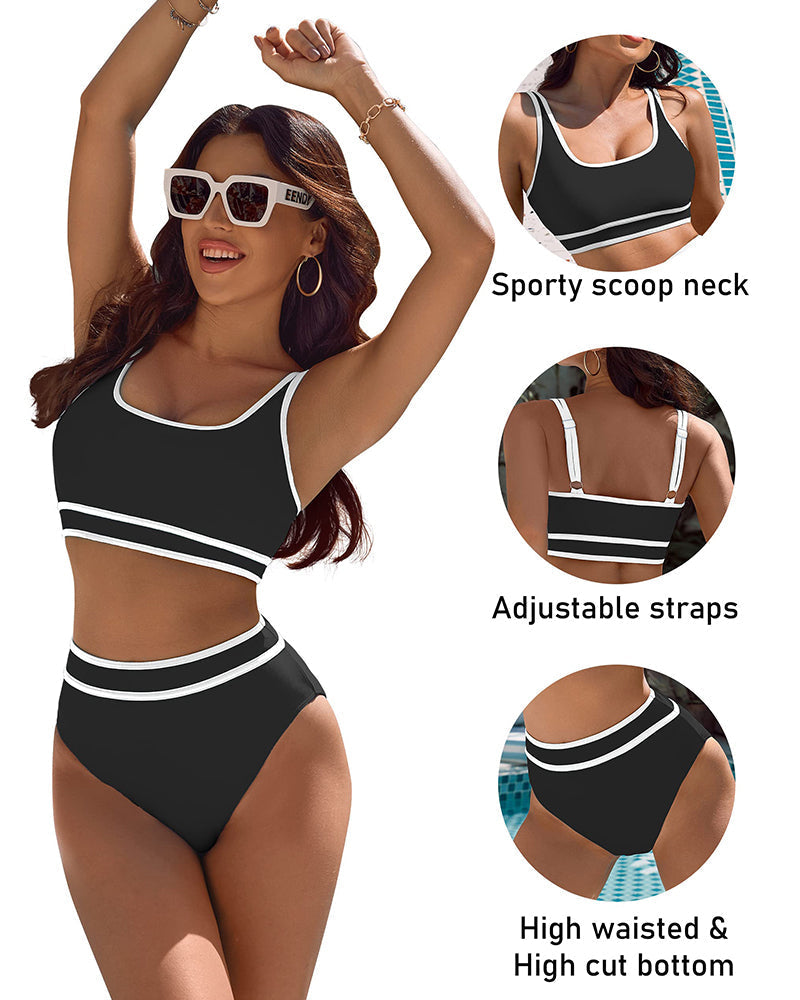 LilyLove® High Waisted Color Block Cheeky High Cut Bathing Bikini Sporty Two Piece Swimsuits