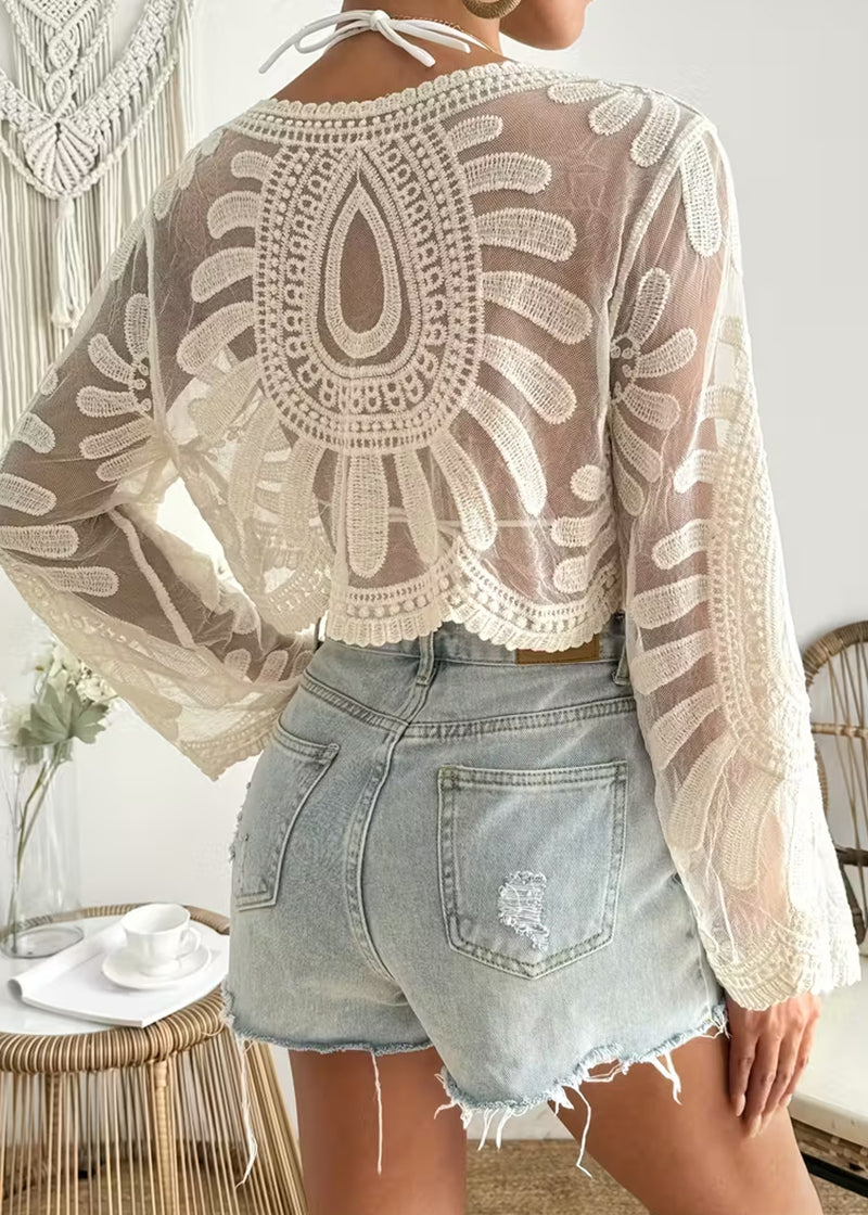 Women’s Floral Embroidery Sheer Beach Cover-Up