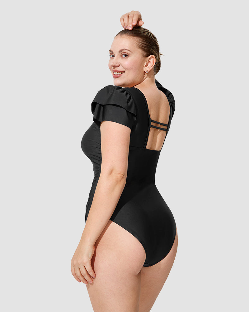 LilyLove® Black Square Neck Double Ruffle Sleeve One Piece Swimsuit