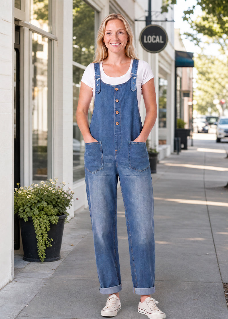 Vintage Button Detail Denim Bib Overalls