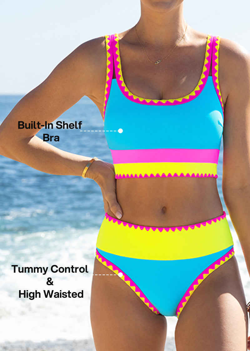Color Contrast Patchwork Nylon Sporty 3 Piece Bikini Sets