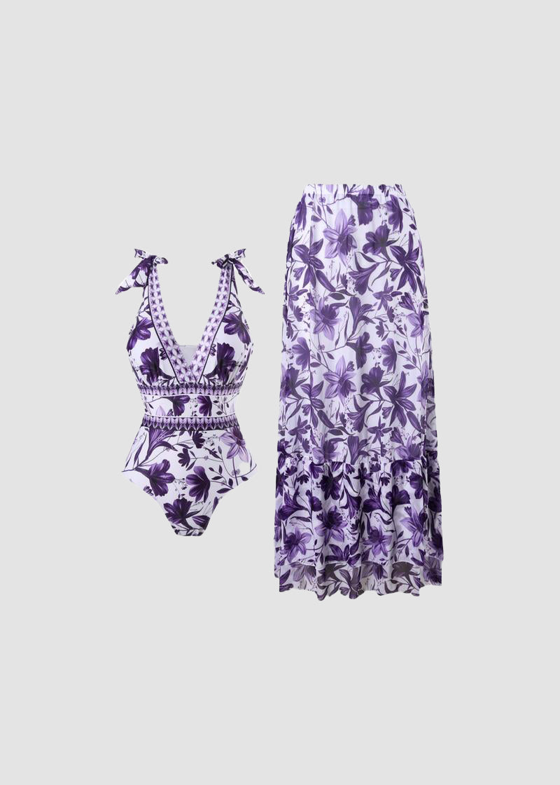V Neck Lace Up Printed One Piece Swimsuit and Skirt