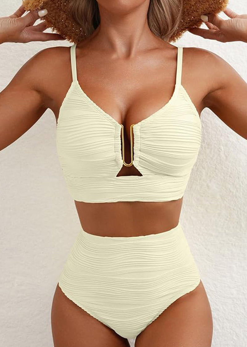 Textured U-Wire Cutout High Waisted Bikini Set