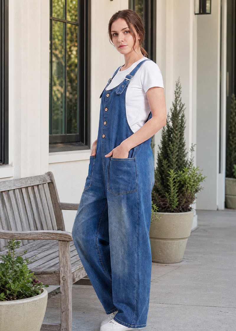 Vintage Button Detail Denim Bib Overalls