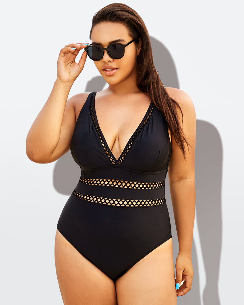 LilyLove®Black Lattice Plunge V-neck One Piece Swimsuit