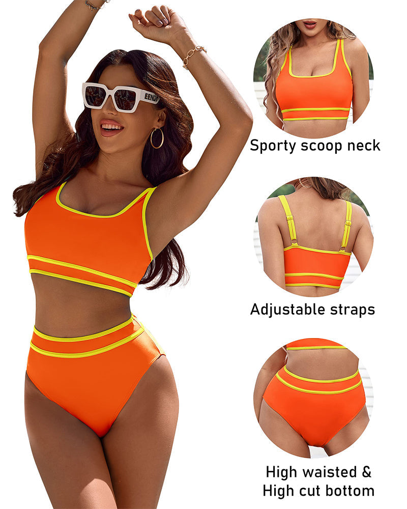 LilyLove® High Waisted Color Block Cheeky High Cut Bathing Bikini Sporty Two Piece Swimsuits