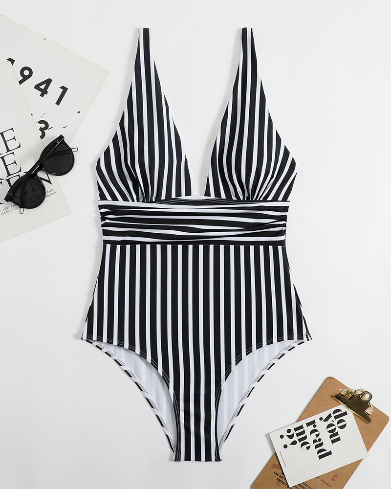 LilyLove® Striped Plunging Neck Bust Shaper One Piece Swimsuit