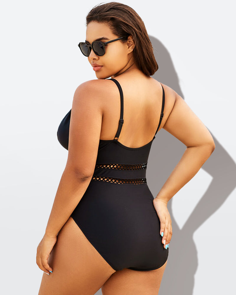 LilyLove®Black Lattice Plunge V-neck One Piece Swimsuit