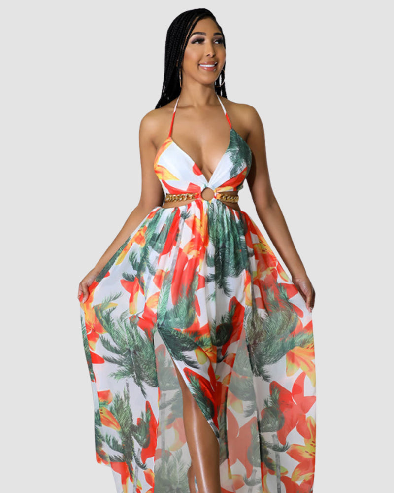 LilyLove® Summer Maxi Dress Floral Print Split Thigh Plus Size Dress