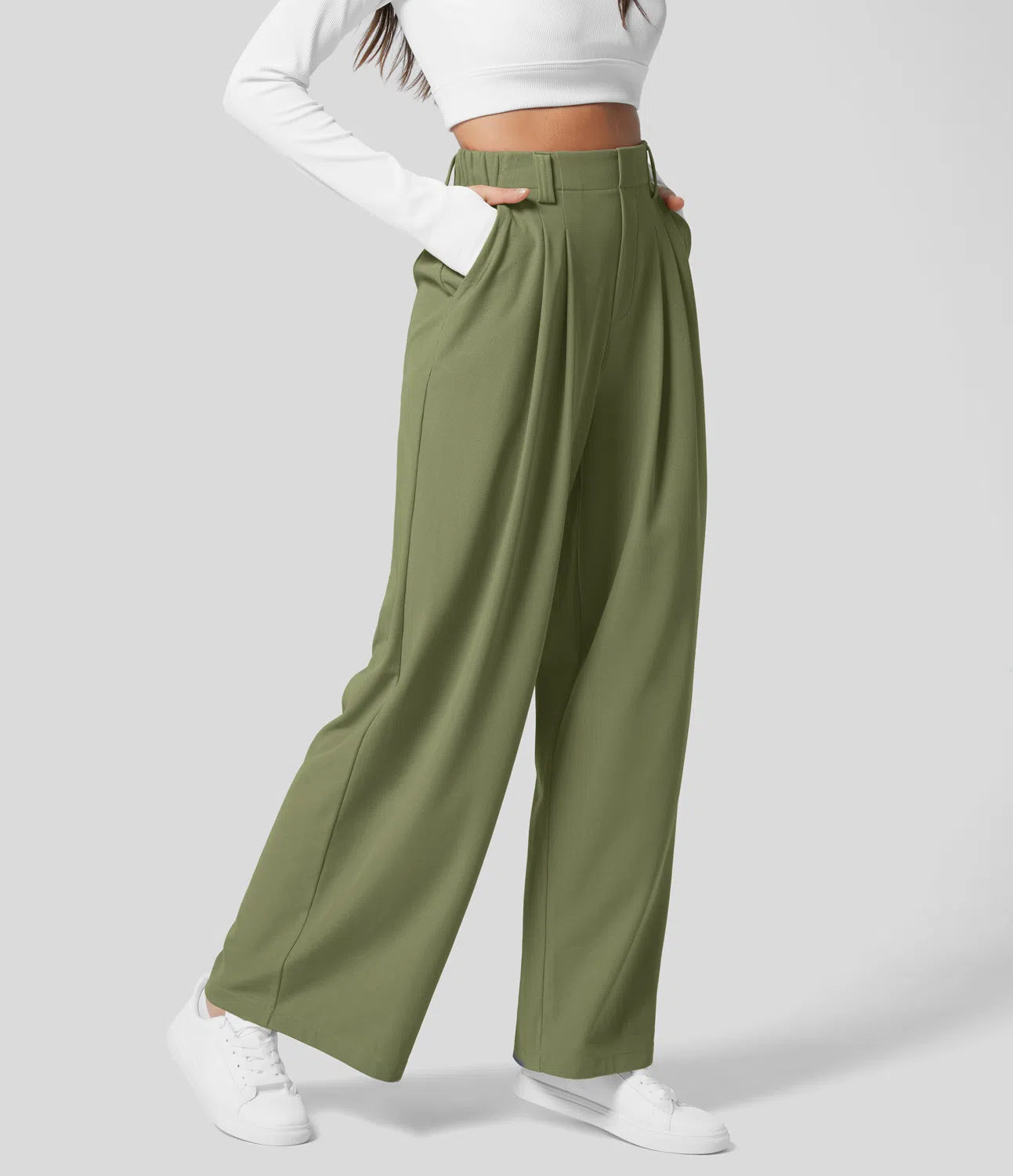 LilyLove® High Waisted Plicated Wide Leg Waffle Work Pants