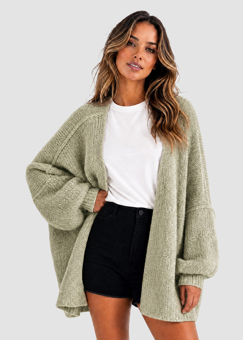 Oversized Open-Front Lantern Sleeve Knit Cardigan