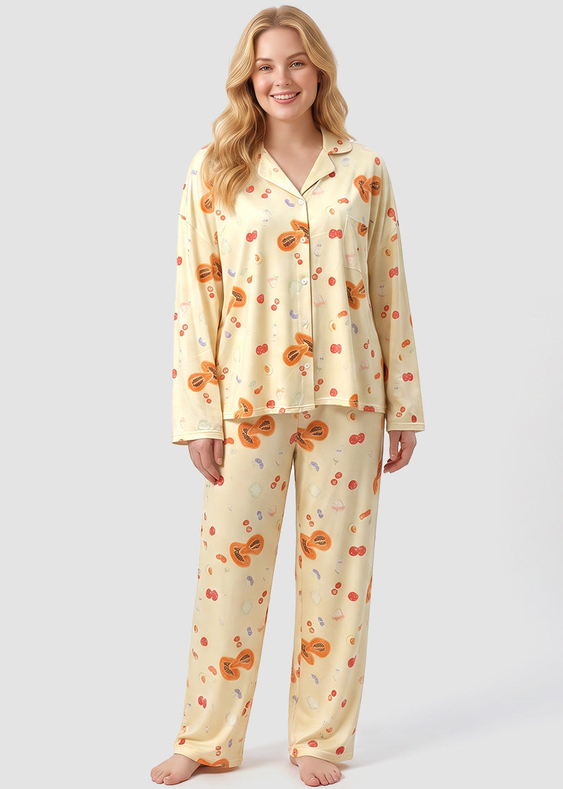 Cotton Floral & Fruit Print Long Sleeve Pajama Set -Tops & Pants