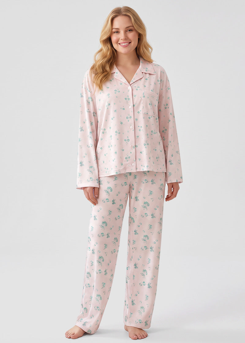 Cotton Floral & Fruit Print Long Sleeve Pajama Set -Tops & Pants