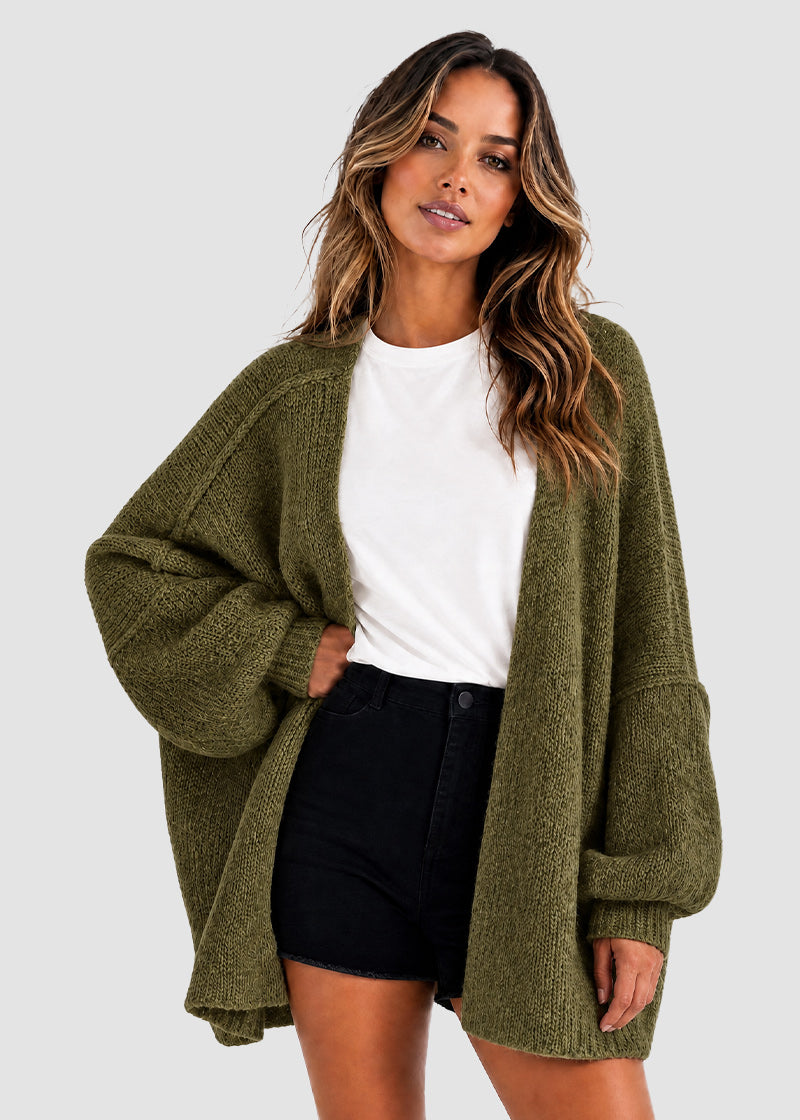Oversized Open-Front Lantern Sleeve Knit Cardigan