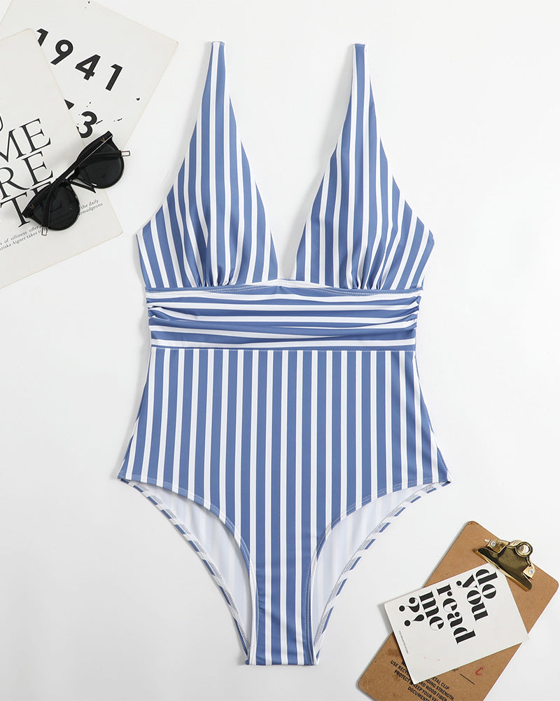 LilyLove® Striped Plunging Neck Bust Shaper One Piece Swimsuit