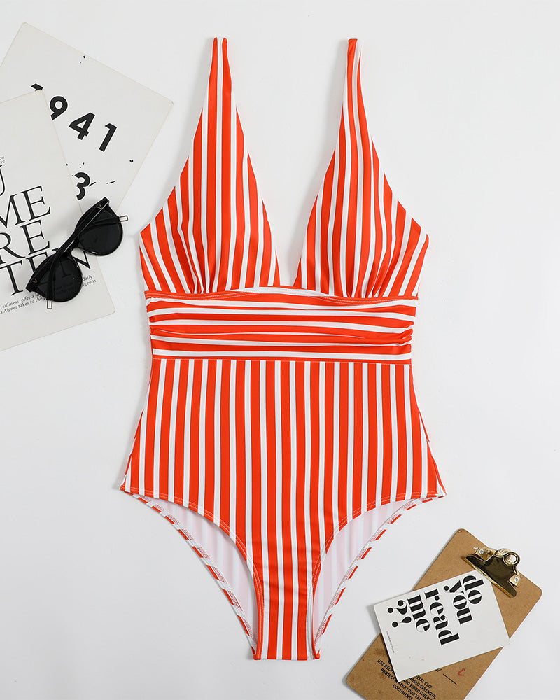 LilyLove® Striped Plunging Neck Bust Shaper One Piece Swimsuit