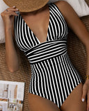 LilyLove® Striped Plunging Neck Bust Shaper One Piece Swimsuit