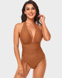 LilyLove® Halter Neck Deep V Ruched One-Piece Swimsuit