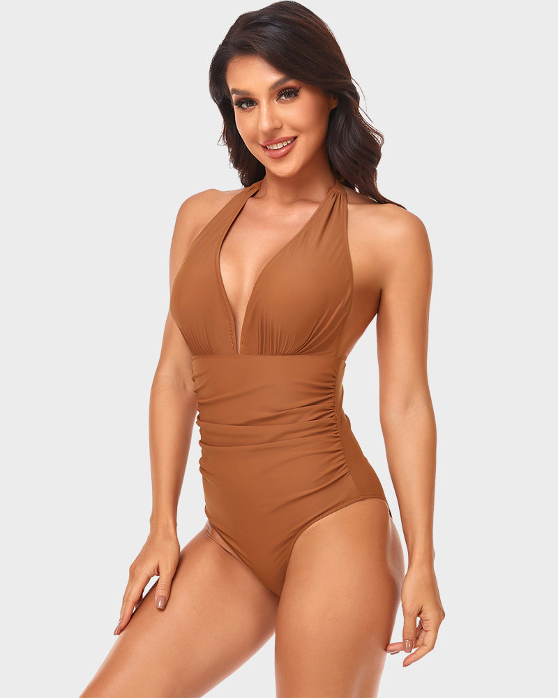 LilyLove® Halter Neck Deep V Ruched One-Piece Swimsuit