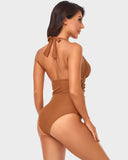 LilyLove® Halter Neck Deep V Ruched One-Piece Swimsuit