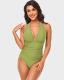 LilyLove® Halter Neck Deep V Ruched One-Piece Swimsuit