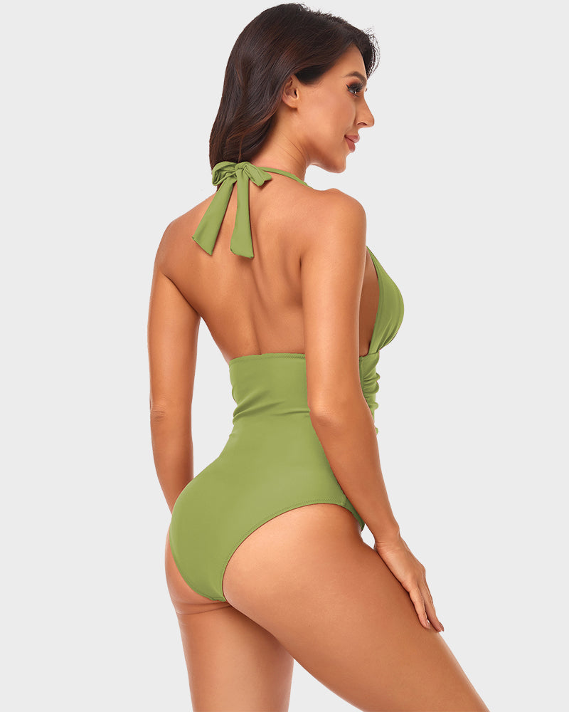 LilyLove® Halter Neck Deep V Ruched One-Piece Swimsuit