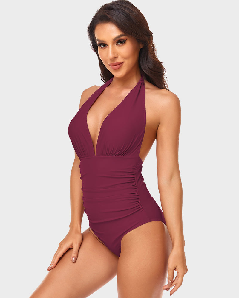 LilyLove® Halter Neck Deep V Ruched One-Piece Swimsuit