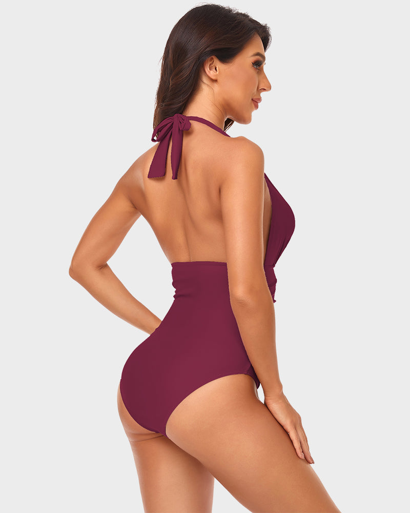 LilyLove® Halter Neck Deep V Ruched One-Piece Swimsuit