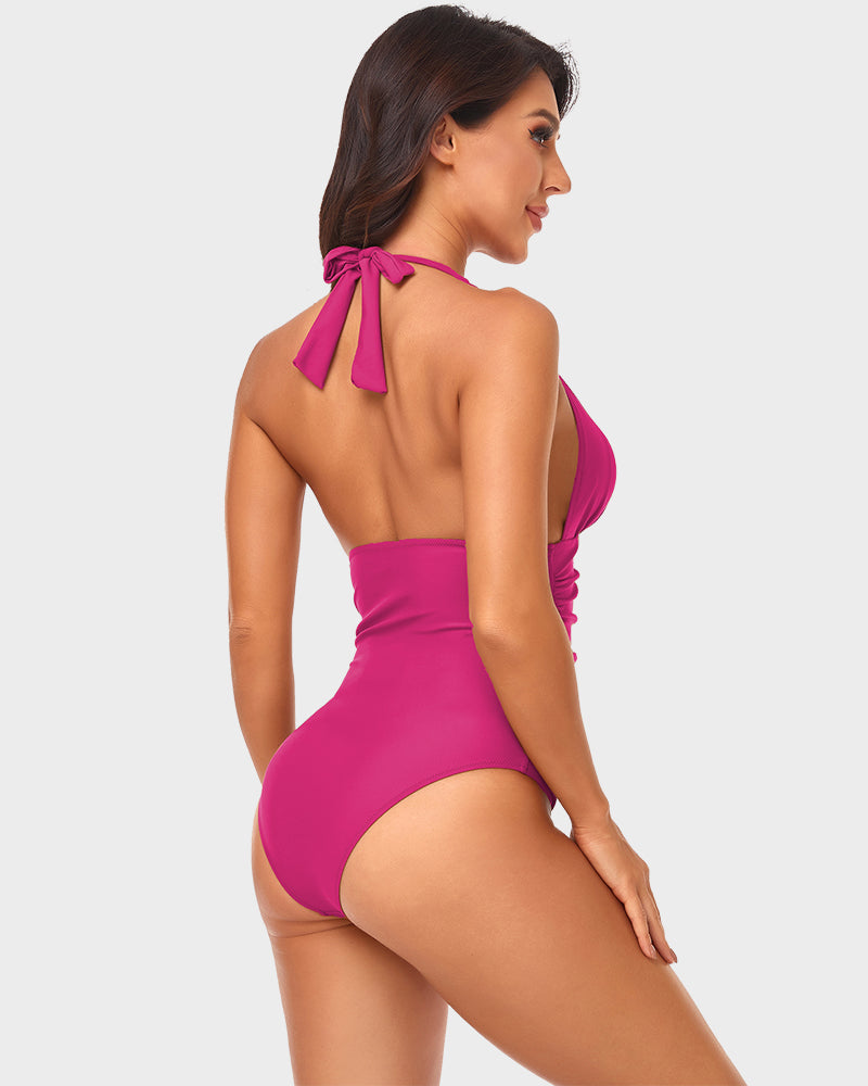 LilyLove® Halter Neck Deep V Ruched One-Piece Swimsuit