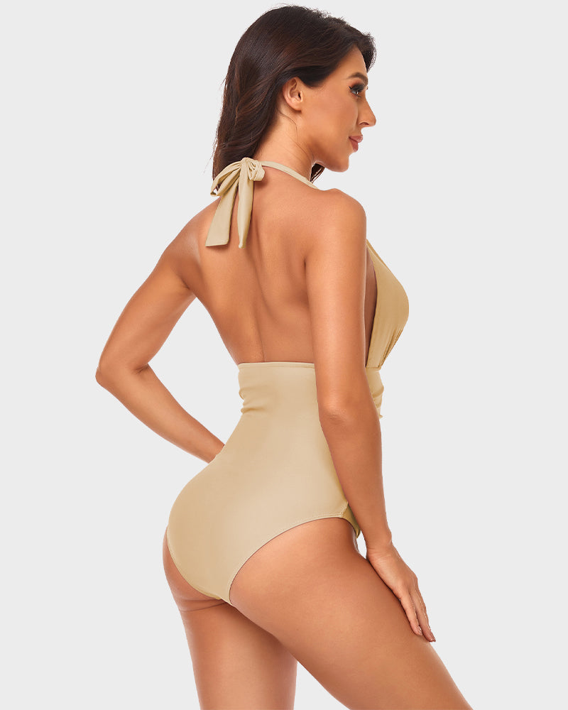 LilyLove® Halter Neck Deep V Ruched One-Piece Swimsuit