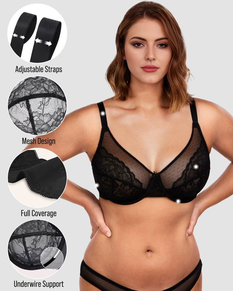 BOGO🔥Unlined Mesh Full Coverage Lace Minimizer Bra