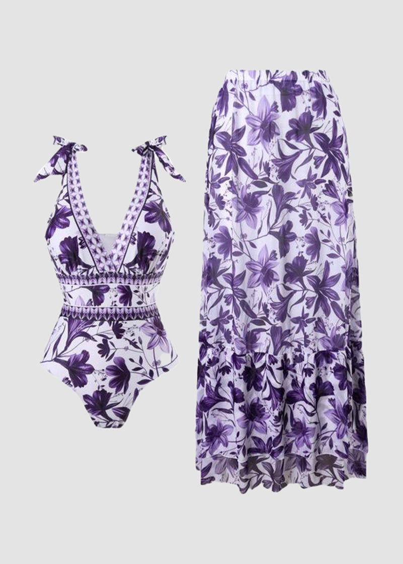 V Neck Lace Up Printed One Piece Swimsuit and Skirt